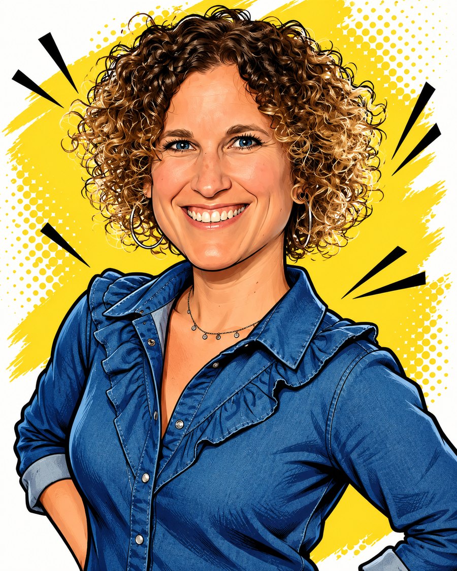 Hélène Brum, souriante, en chemise en jean